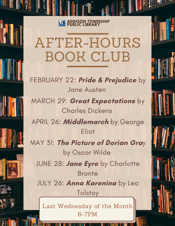 A schedule of the meeting dates and times for the After-Hours Book Club.