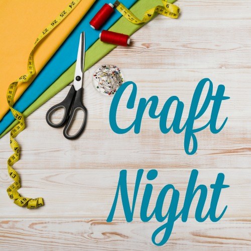 A picture containing the words "Craft Night" with assorted craft tools and utensils.