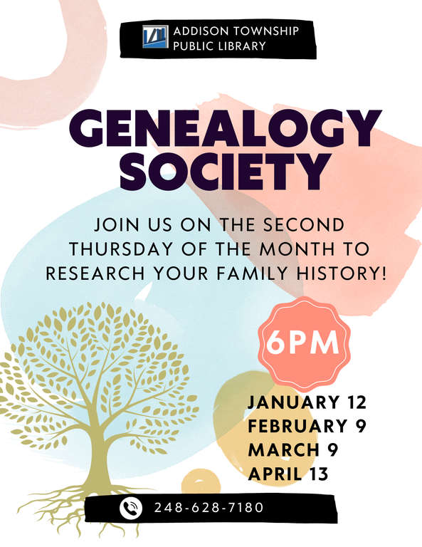 A flyer for the Genealogy Society, which meets on the second Thursday of every month at 6pm. 