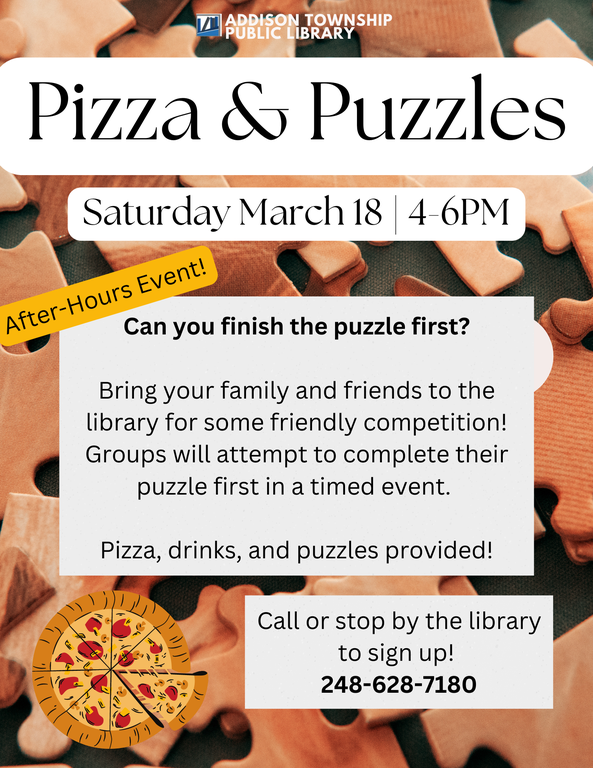 A detailed flyer advertising an event called Pizza & Puzzles on March 18th from 4-6PM.