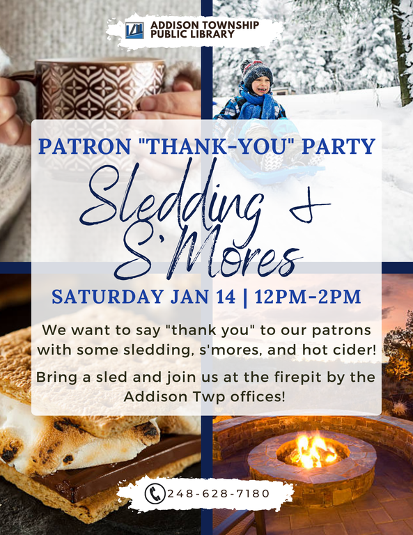 An ad for an event called Sledding & S'mores on January 14th, 2023 from 12pm-2pm. 