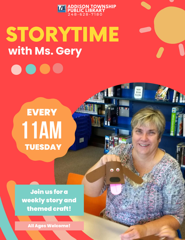 Flyer for Storytime featuring Ms. Gery holding up a cute craft