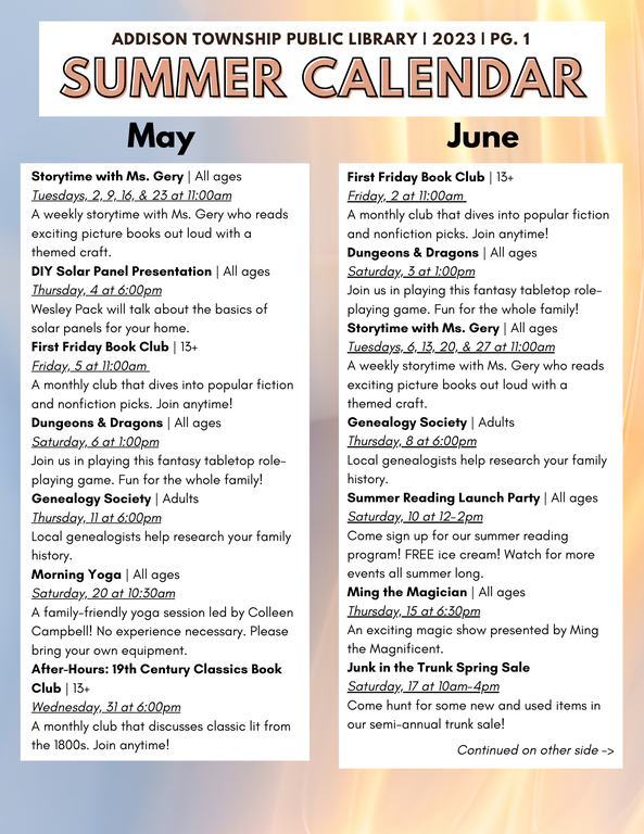 Calendar for summer events in 2023