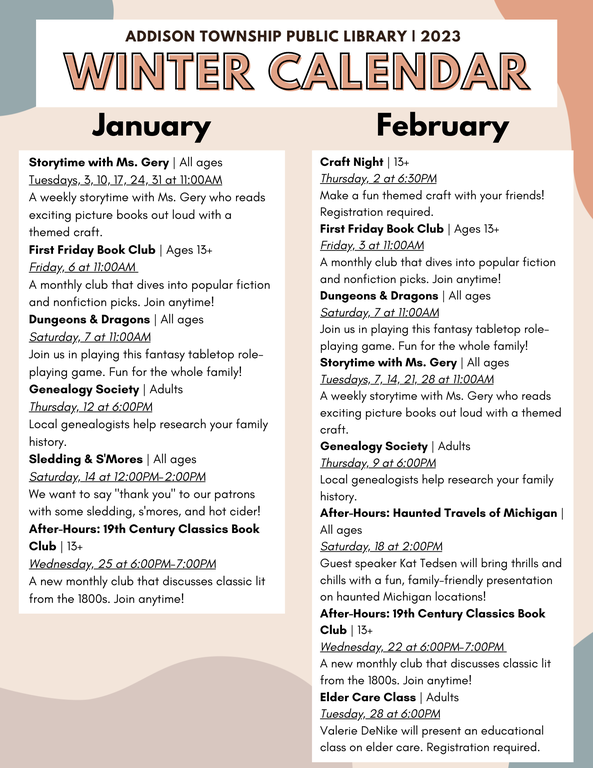 A detailed calendar of our events for January and February 2023